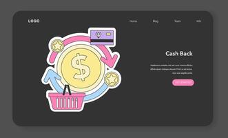 Cashback loyalty program nighmode or darkmode web banner or landing page. vector
