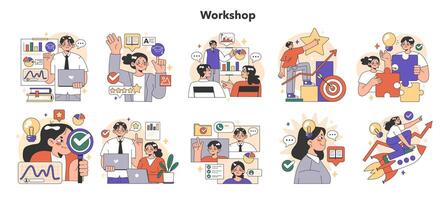 Training workshop set. Interactive training process. Professional development. vector