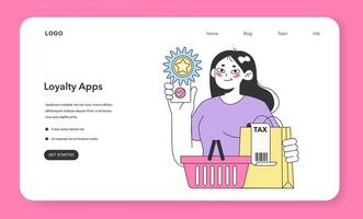 Loyalty program application web banner or landing page. Woman holding vector