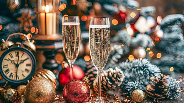 nuevo años víspera celebracion champán y reloj foto