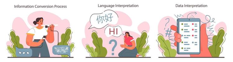 Interpretation set. Data literacy. Information understanding, analysis vector