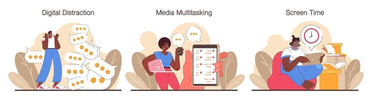 Digital multitasking set. Effective and competent office worker media vector