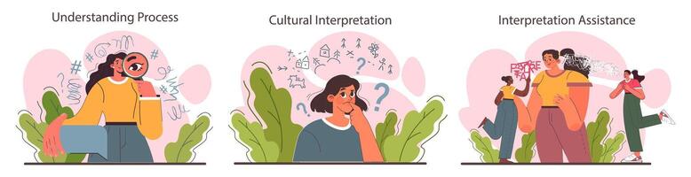 Interpretation set. Data literacy. Information understanding, analysis vector