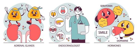Endocrine system organs and disease set. Human glands function. Pituitary vector