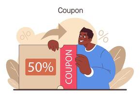Loyalty program. Customer using coupons to save money. Man using discount vector