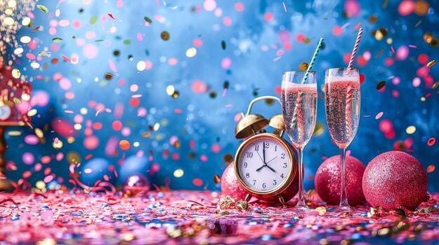 nuevo años víspera celebracion champán y reloj foto