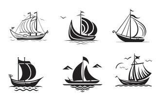 Set of sailing boat floats on waves. Small ship for recreation and travel. vector