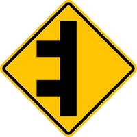 Unregulated intersection with an adjacent road. From left side. Sign for merging road on left side. Road junction. A junction where one street or road intersects another. Warning yellow sign. vector