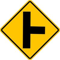 Unregulated intersection with an adjacent road. From right side. Sign for merging road on right side. Road junction. A junction where one street or road intersects another. Warning yellow sign. vector