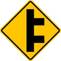 Unregulated intersection with an adjacent road. From right side. Sign for merging road on right side. Road junction. A junction where one street or road intersects another. Warning yellow sign. vector