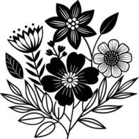 Hand drawn simple Floral flowers line art flat design outline, ornaments set. Doodle outline plant. Drawings element silhouette on white background vector