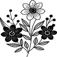 Hand drawn simple Floral flowers line art flat design outline, ornaments set. Doodle outline plant. Drawings element silhouette on white background vector