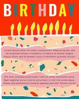 Birthday cartoon cake illustration on red background with text. Sticker style greeting card in retro style. Cute postcard for child or design for your brand. vector