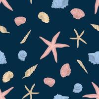 Seashells seamless pattern. Ornament of mollusk shells, starfish. Design in cartoon style. vector