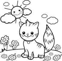 A cute happy tabby cat in the garden sitting on the grass. Kitten sitting on the grass outdoors. Black and white coloring page vector