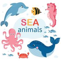 Cartoon Sea animal set. Fish, octopus, crab, seahorse, whale and dolphin vector