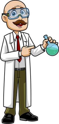 Scientist Teacher Cartoon Character With A Flask Speaks And Shows