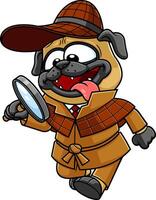 Detective Pug Dog Cartoon Character Looking For Items With A Magnifying Glass vector
