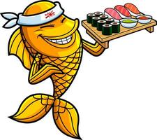 Gold Fish Or Goldfish Sushi Chef Cartoon Character Showing Sushi Set Japanese Seafood vector