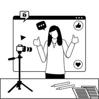 A woman Sits On A Platform With A Microphone And Outline Illustrations With Black And White Color. Social Media Online live Stream, Web Camera Streaming, Production Development. vector
