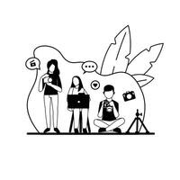 A Black And White Drawing Of A Couple And A Man With A Camera And A Woman With A Camera In Front Outline Illustrations Set, content Creators Line Art . vector