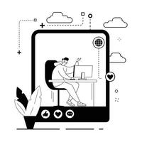 A Black And White Image Of A Man With A Computer Working In Online Outline Clip Art , Content Creators Digital Development multimedia recording Template. vector