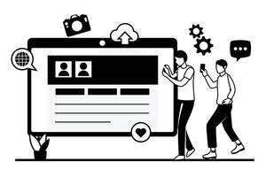 A Black And White Drawing Of Two People With A Phone And A Monitor With The Words Outline Illustrations. Social Media Online live Stream, Web Camera Streaming, Production Development. vector
