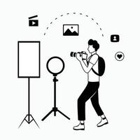 A man Is Taking A Photo Of A Camera And A Camera Content Creators Outline Illustrations Set, Blog Advertising Content Creativity Marketing Elements vector