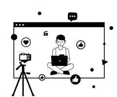 Content Creators Outline Illustrations Set, Blog Advertising Content Creativity Marketing Elements. Character live Stream vector