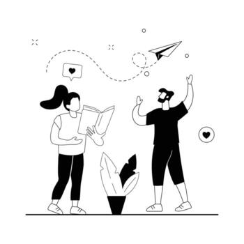 A Drawing Of Two Men And A Plane With The Reading A Book Outline Illustrations Set, Outline Drawing Adults Conversation Template Set. vector