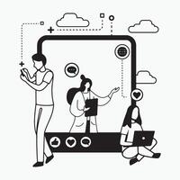 A Black And White Image Of A Woman And A Man With A Laptop Working In Online Outline Clip Art . Content Creators Digital Development multimedia recording Template. vector
