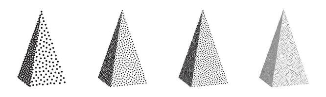 Set of 3D pyramids in halftone dotwork style. illustration vector