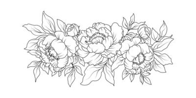 Peony flower arrangement line art on white background. Silhouette botanical hand drawn element for wedding, invitation frame design, illustration vector