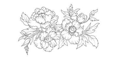 Peony flower arrangement line art on white background. Silhouette botanical hand drawn element for wedding, invitation frame design, illustration vector