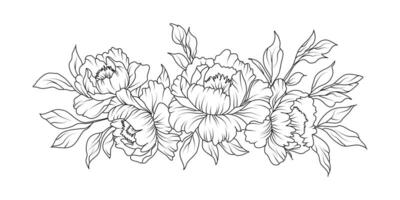 Peony flower arrangement line art on white background. Silhouette botanical hand drawn element for wedding, invitation frame design, illustration vector