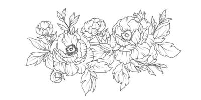 Peony flower arrangement line art on white background. Silhouette botanical hand drawn element for wedding, invitation frame design, illustration vector