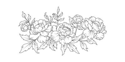 Peony flower arrangement line art on white background. Silhouette botanical hand drawn element for wedding, invitation frame design, illustration vector