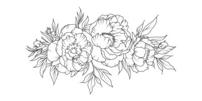 Peony flower arrangement line art on white background. Silhouette botanical hand drawn element for wedding, invitation frame design, illustration vector