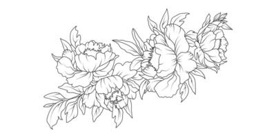 Peony flower arrangement line art on white background. Silhouette botanical hand drawn element for wedding, invitation frame design, illustration vector