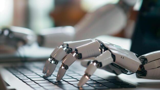 A striking image capturing the intricate mechanics of a modern robot as it interacts with a computer keyboard, symbolizing the integration of advanced robotics into everyday technology. photo