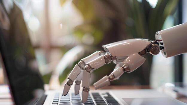 A striking image capturing the intricate mechanics of a modern robot as it interacts with a computer keyboard, symbolizing the integration of advanced robotics into everyday technology. photo