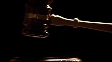 A close-up, dramatic shot of a judge's gavel poised above a sound block, illuminated against a dark background. photo