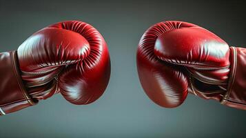 Two pairs of boxing gloves touching before a match, neutral background, focused lighting, large area for text, banner design photo