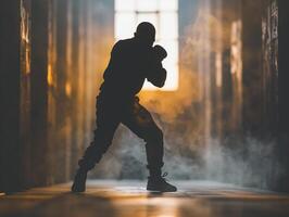 Shadowy figure throwing a punch in a dimly lit boxing gym, focus on the movement, space for text on the side, banner format photo