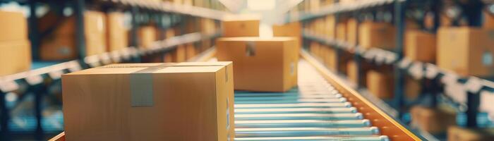 Boxes on a conveyor belt in a warehouse. The scene showcases a system of efficiency in the logistics and shipping industry. photo