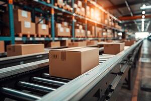 Boxes on a conveyor belt in a large warehouse, illuminated by warm lighting, representing efficient logistics and distribution processes. photo