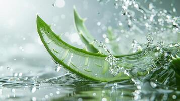 An invigorating image capturing slices of aloe vera dynamically interacting with splashing water, highlighted by a fresh, clean backdrop that evokes a sense of purity and renewal photo
