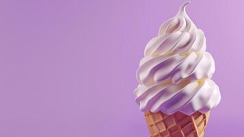 Stylized 3D visualization of an ice cream cone with a swirl of flavors, on a solid lavender background photo