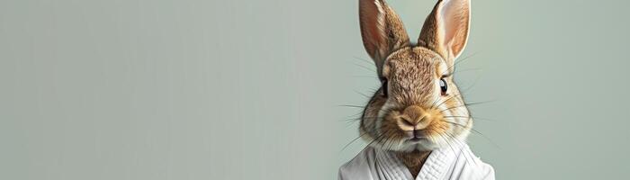 A humorous image of a rabbit wearing a white robe against a neutral background. The animal's expression adds a whimsical touch to the scene. photo