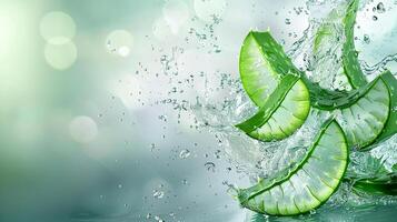 An invigorating image capturing slices of aloe vera dynamically interacting with splashing water, highlighted by a fresh, clean backdrop that evokes a sense of purity and renewal. photo